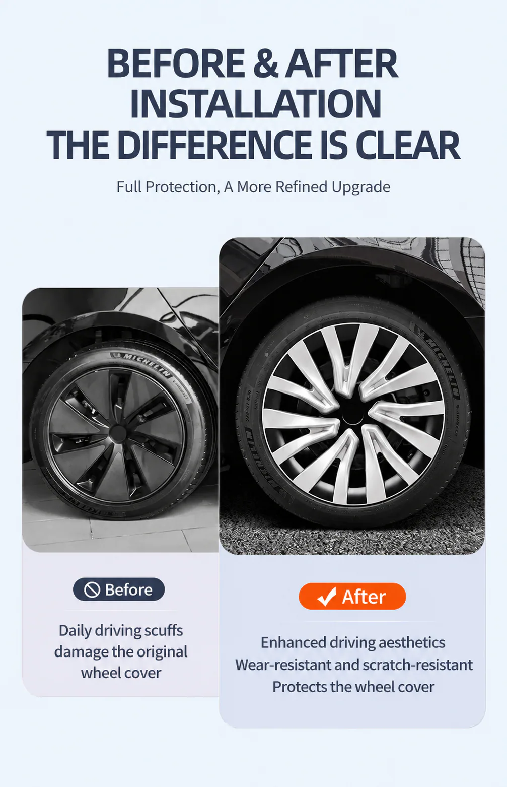 Before and after wheel cover installation comparison